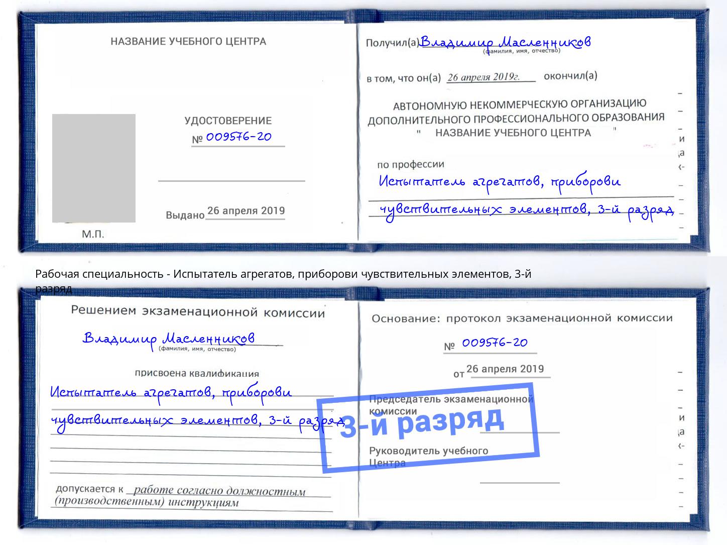корочка 3-й разряд Испытатель агрегатов, приборови чувствительных элементов Гусь-Хрустальный