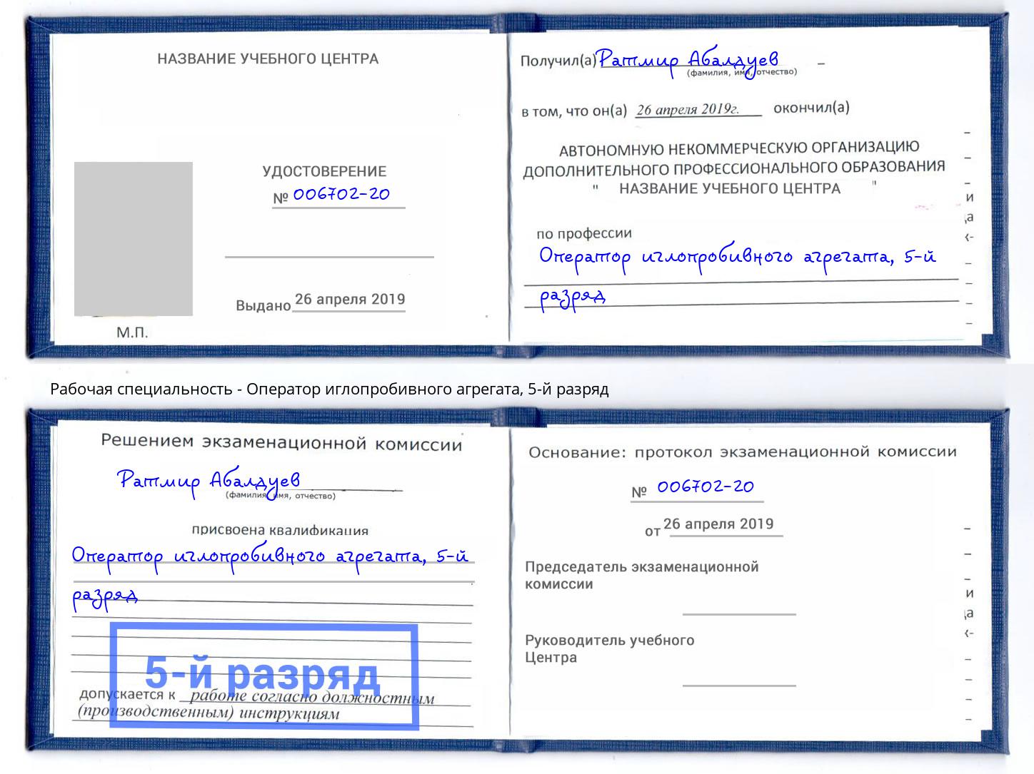 корочка 5-й разряд Оператор иглопробивного агрегата Гусь-Хрустальный