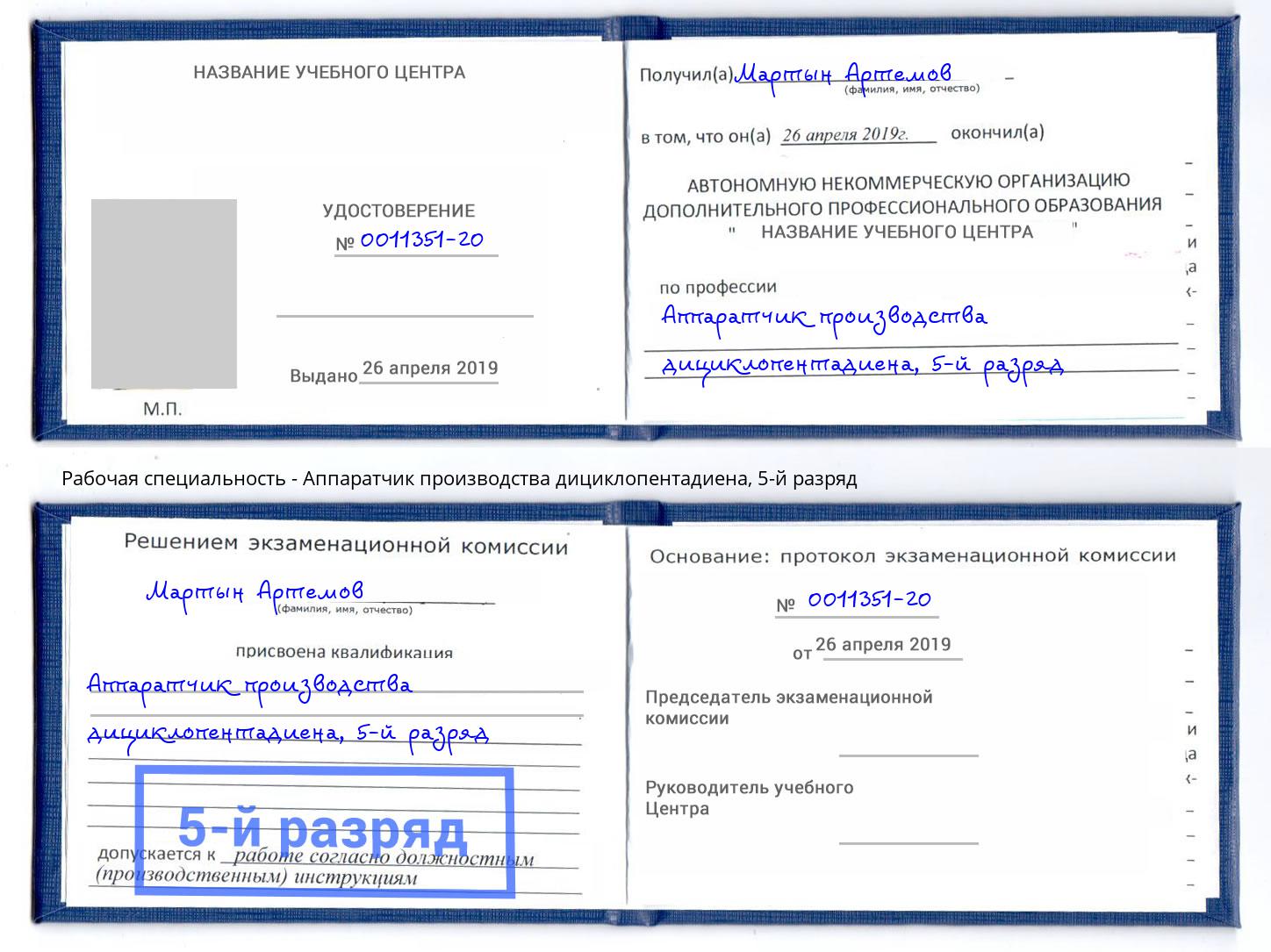 корочка 5-й разряд Аппаратчик производства дициклопентадиена Гусь-Хрустальный
