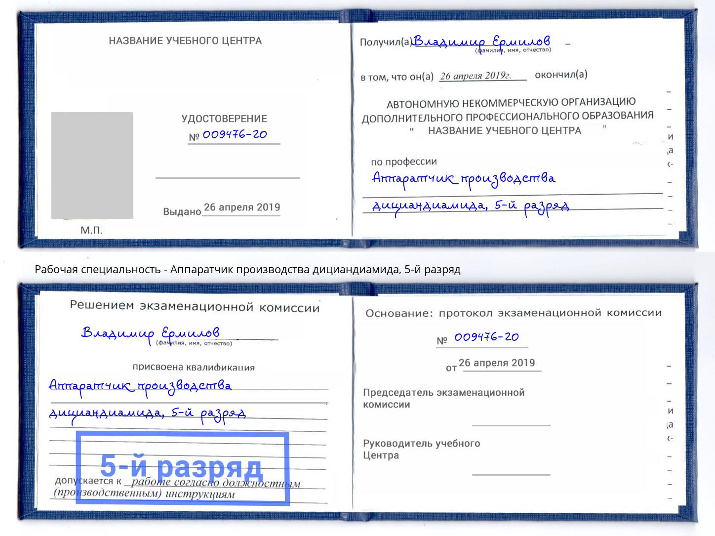 корочка 5-й разряд Аппаратчик производства дициандиамида Гусь-Хрустальный