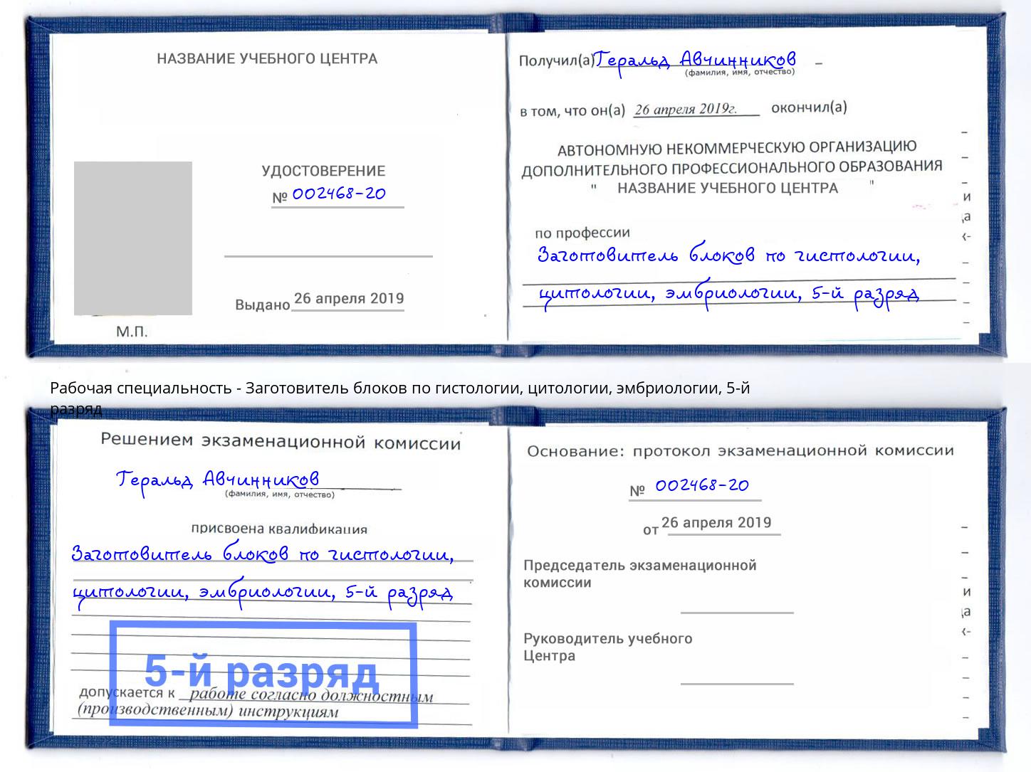 корочка 5-й разряд Заготовитель блоков по гистологии, цитологии, эмбриологии Гусь-Хрустальный