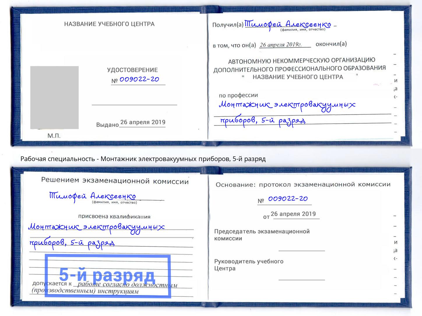 корочка 5-й разряд Монтажник электровакуумных приборов Гусь-Хрустальный