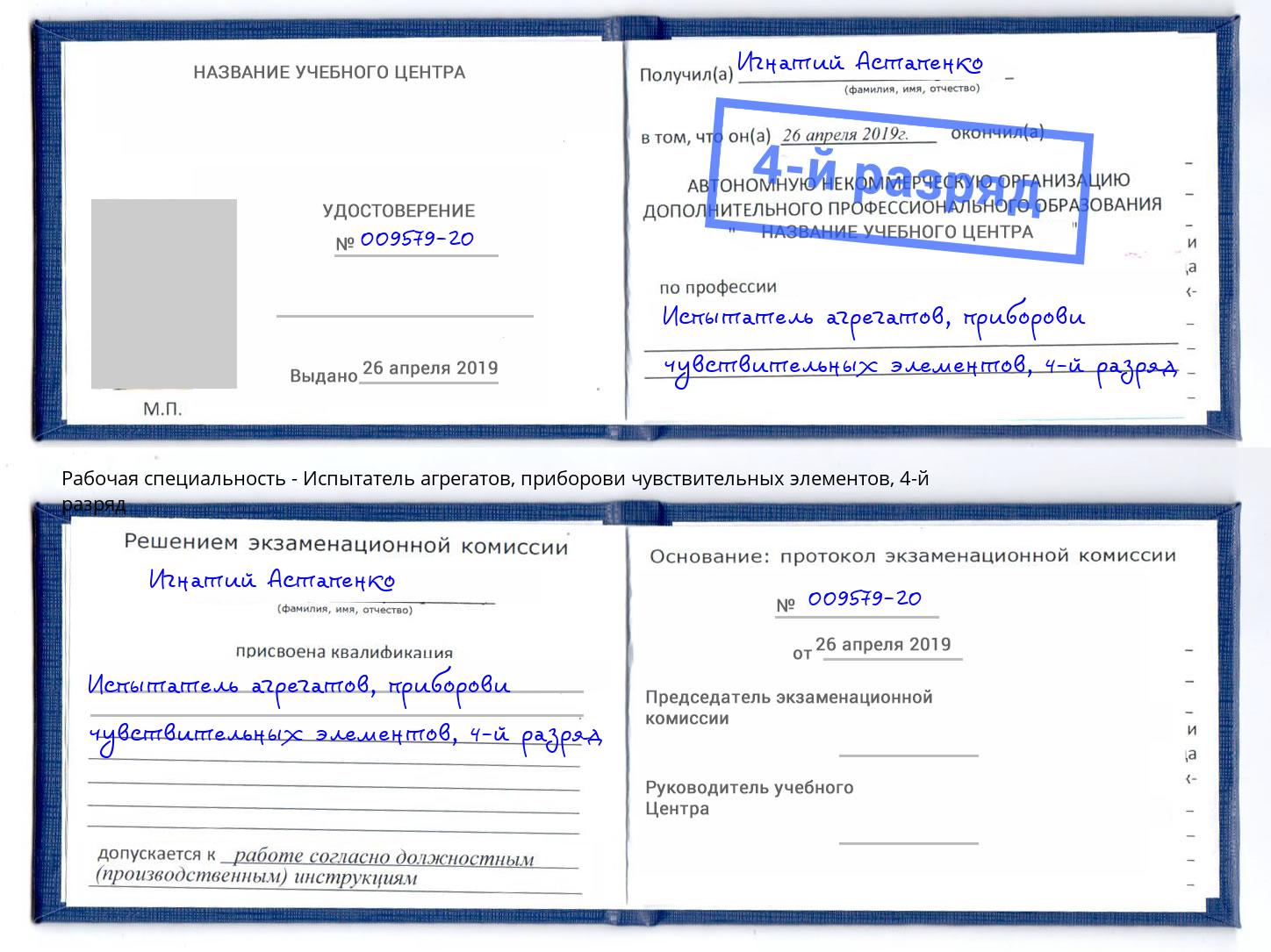 корочка 4-й разряд Испытатель агрегатов, приборови чувствительных элементов Гусь-Хрустальный