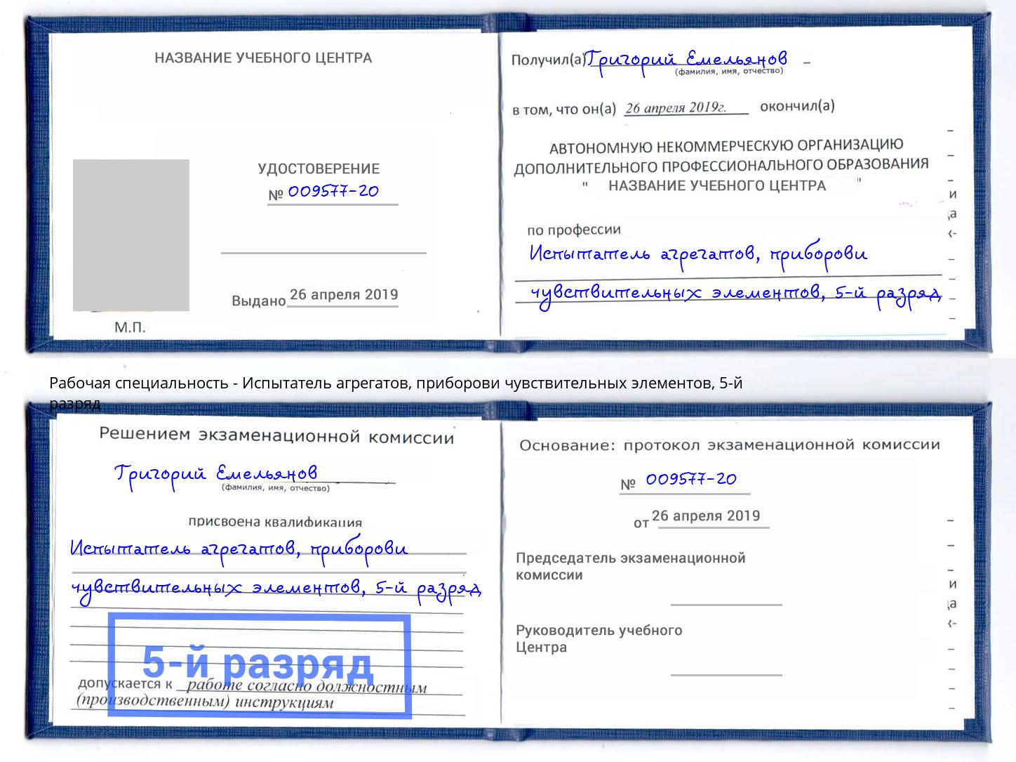 корочка 5-й разряд Испытатель агрегатов, приборови чувствительных элементов Гусь-Хрустальный