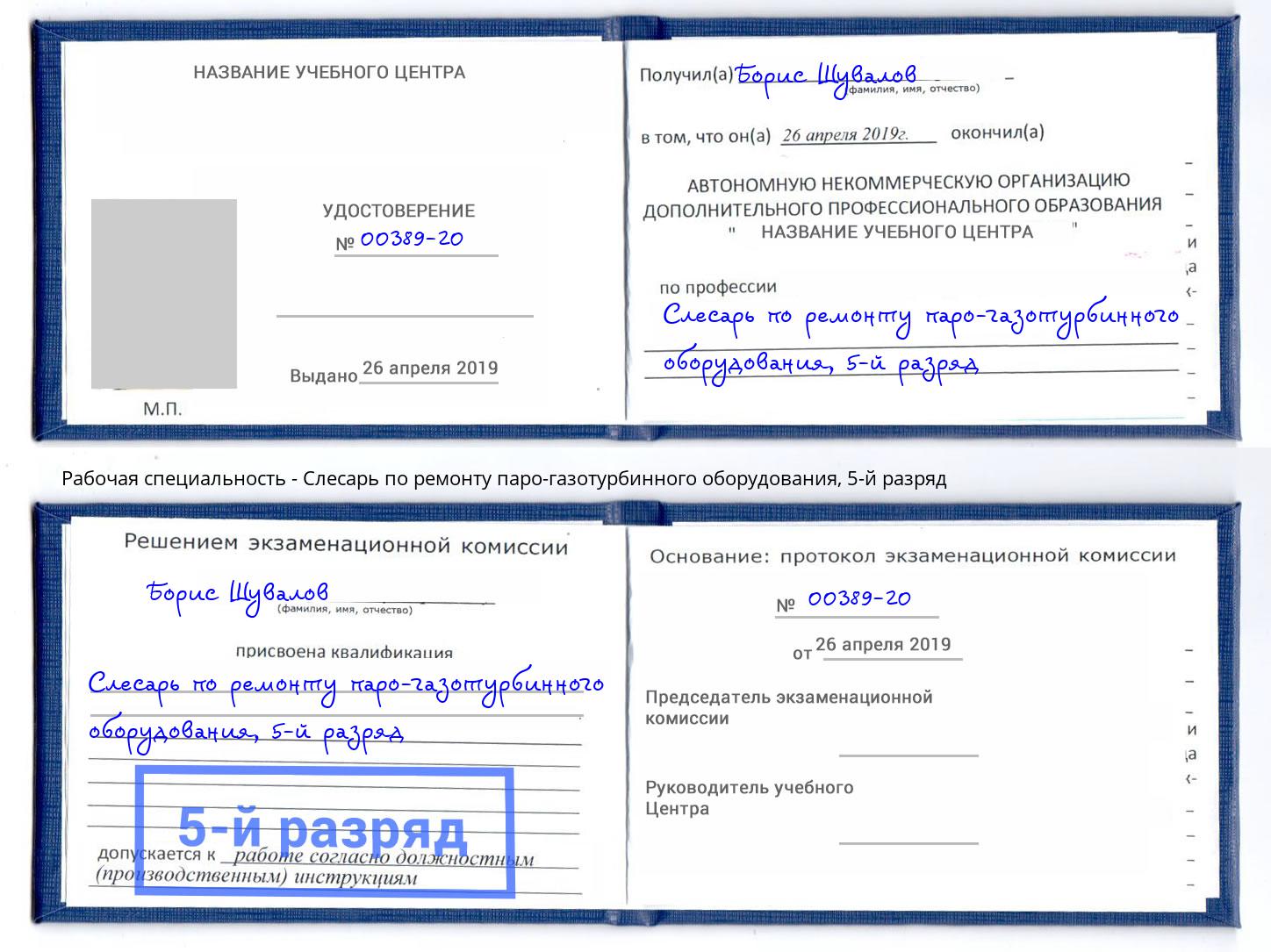 корочка 5-й разряд Слесарь по ремонту паро-газотурбинного оборудования Гусь-Хрустальный