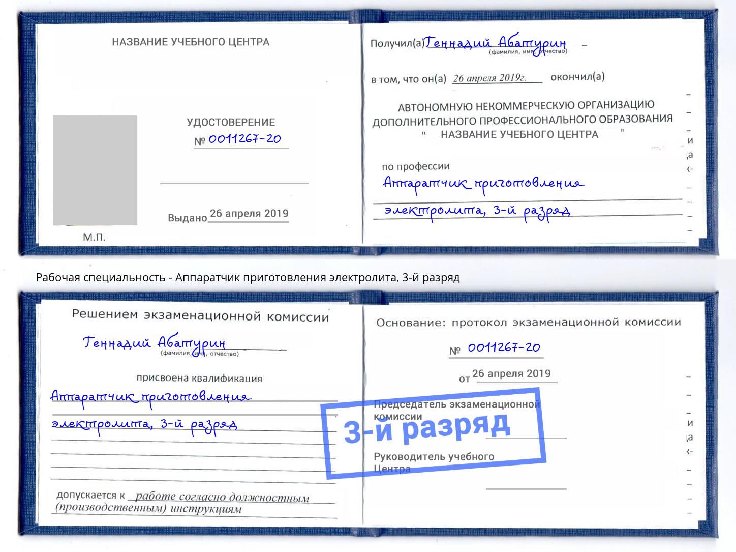 корочка 3-й разряд Аппаратчик приготовления электролита Гусь-Хрустальный