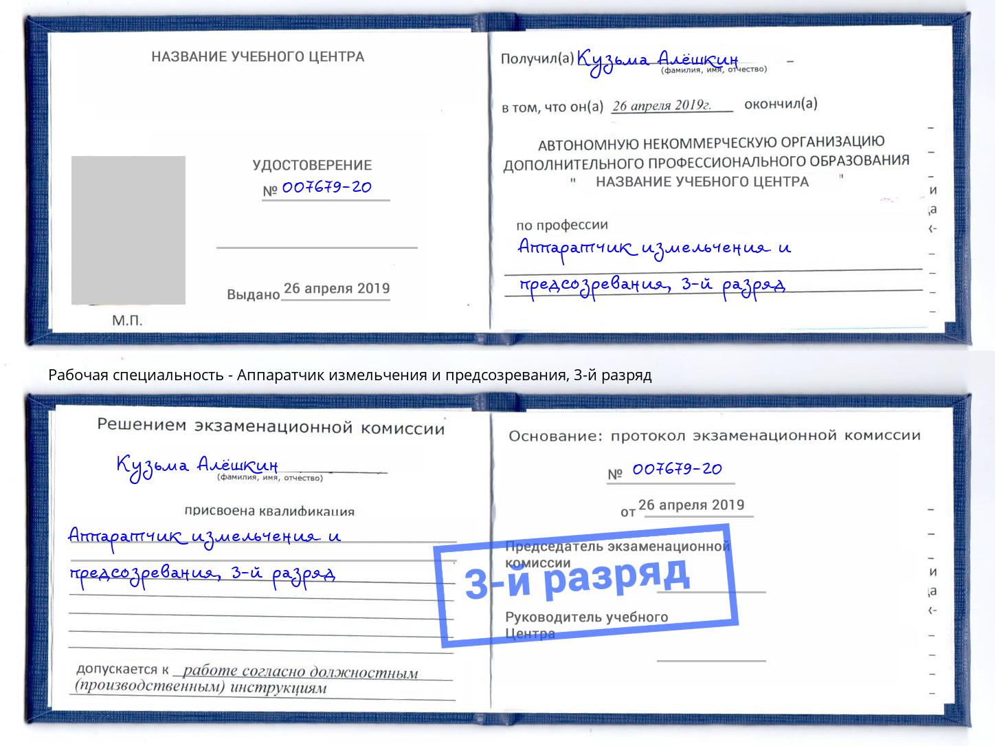 корочка 3-й разряд Аппаратчик измельчения и предсозревания Гусь-Хрустальный