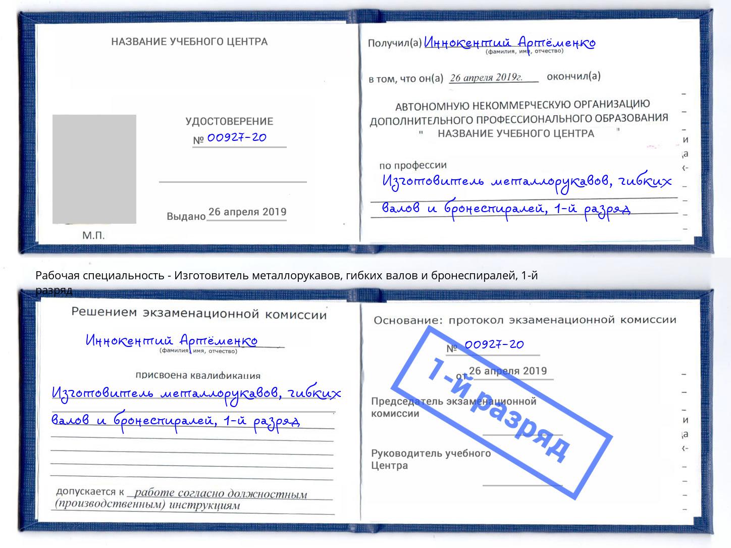 корочка 1-й разряд Изготовитель металлорукавов, гибких валов и бронеспиралей Гусь-Хрустальный