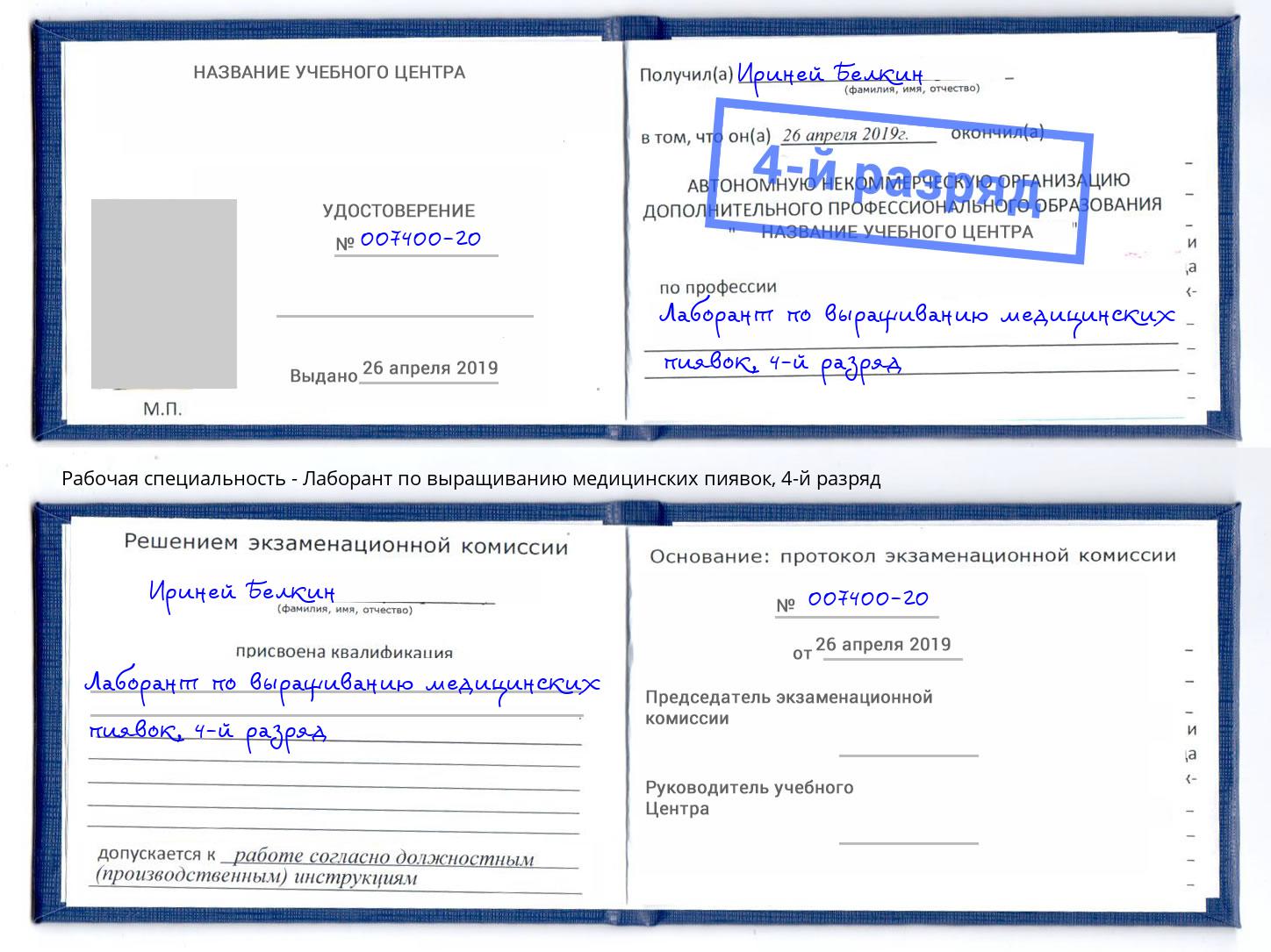 корочка 4-й разряд Лаборант по выращиванию медицинских пиявок Гусь-Хрустальный