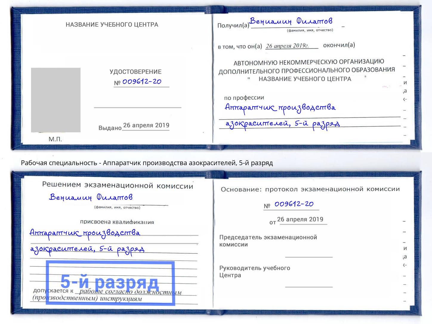 корочка 5-й разряд Аппаратчик производства азокрасителей Гусь-Хрустальный