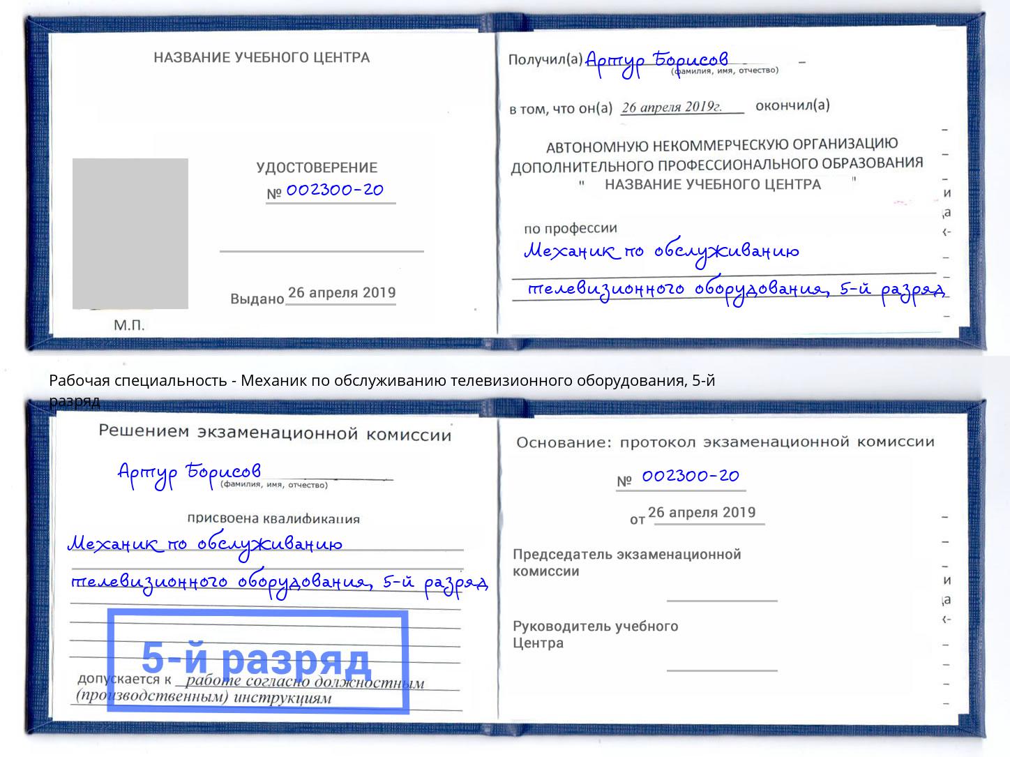 корочка 5-й разряд Механик по обслуживанию телевизионного оборудования Гусь-Хрустальный