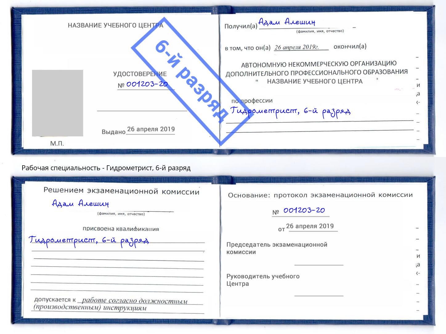 корочка 6-й разряд Гидрометрист Гусь-Хрустальный