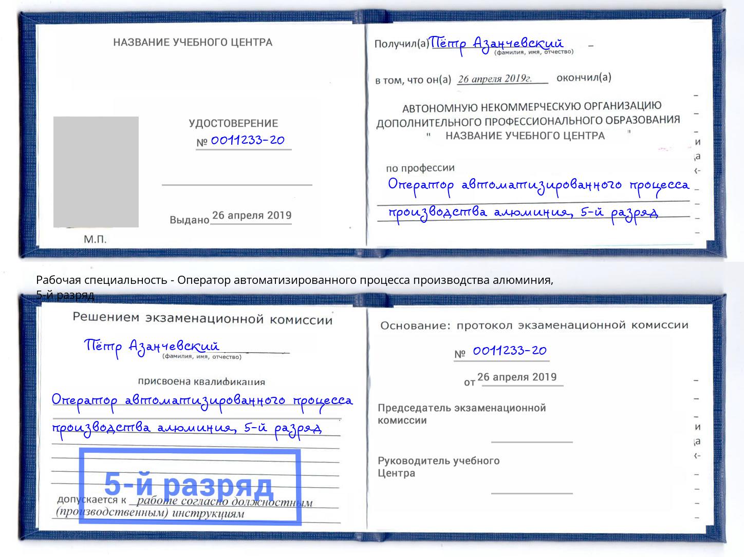 корочка 5-й разряд Оператор автоматизированного процесса производства алюминия Гусь-Хрустальный