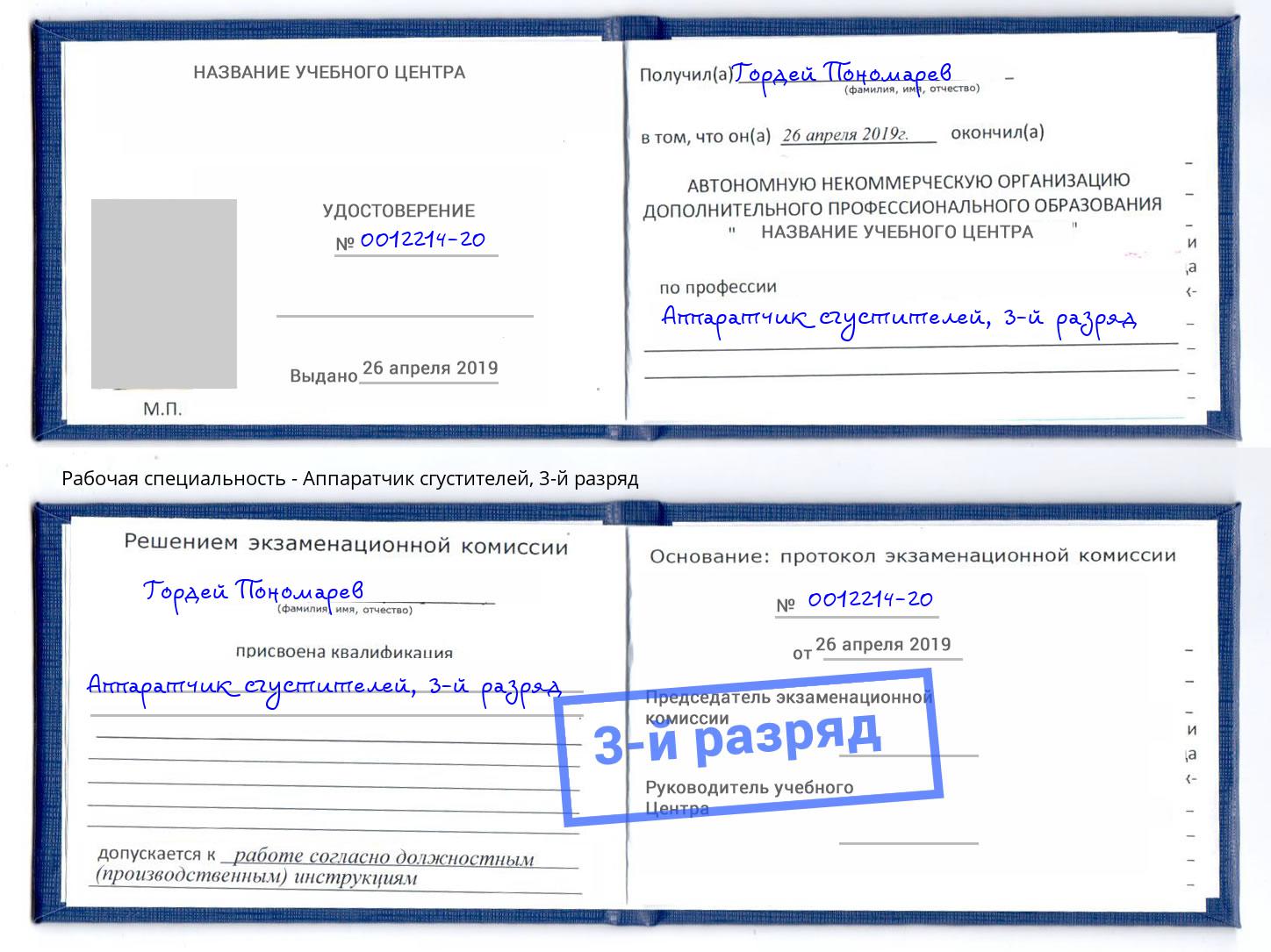 корочка 3-й разряд Аппаратчик сгустителей Гусь-Хрустальный